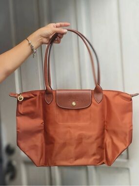 Longchamp Nylon Tote in Rust with Brown Leather Trim